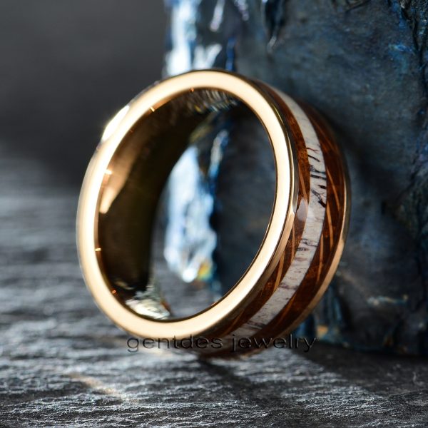 Women Men Ring, Rose Gold Tungsten Band, Wooden Ring, Antler Ring, Whiskey Barrel Tungsten Steel Man Wedding Band - 图片 3