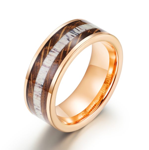 Women Men Ring, Rose Gold Tungsten Band, Wooden Ring, Antler Ring, Whiskey Barrel Tungsten Steel Man Wedding Band