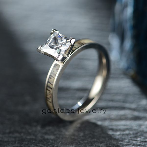 Titanium Ring Sliver,  Engagement Band, 4MM Comfort Fit, Antler Ring, CZ Stone Ring, Promise Ring - 图片 5