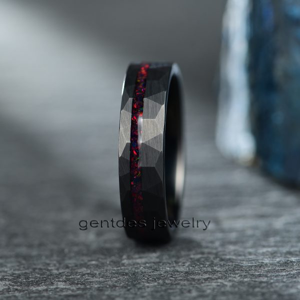 Black Hammered Ring, Tungsten Carbide Ring, Opal Ring, Men's Ring, Promise Ring, 6MM Comfort Fit - 图片 4