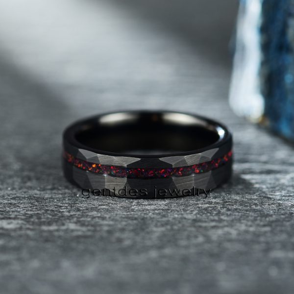 Black Hammered Ring, Tungsten Carbide Ring, Opal Ring, Men's Ring, Promise Ring, 6MM Comfort Fit - 图片 3