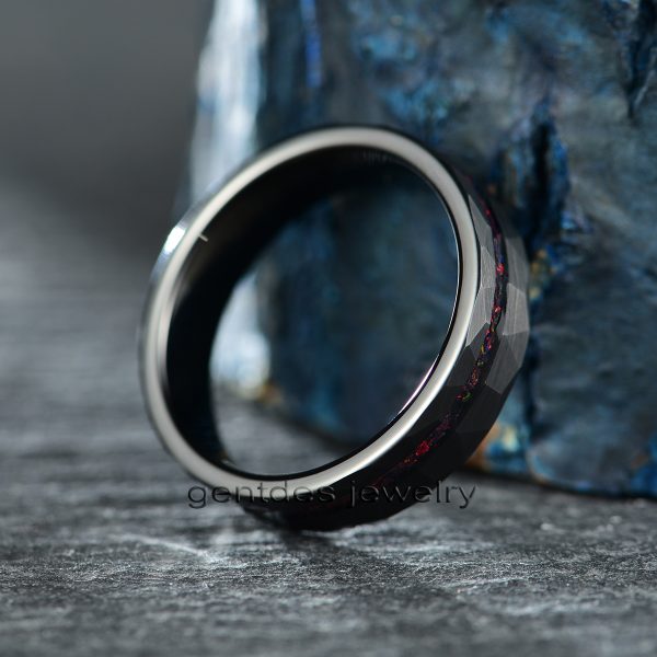 Black Hammered Ring, Tungsten Carbide Ring, Opal Ring, Men's Ring, Promise Ring, 6MM Comfort Fit - 图片 2