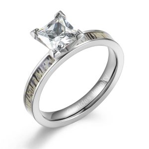 Titanium Ring Sliver,  Engagement Band, 4MM Comfort Fit, Antler Ring, CZ Stone Ring, Promise Ring