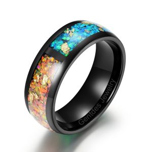 Tungsten Carbide Wedding Ring, Crushed Opals Ring, Three Colors Opals Ring, Crushed Gold Foil Ring, 8mm Comfort Fit Mens Ring